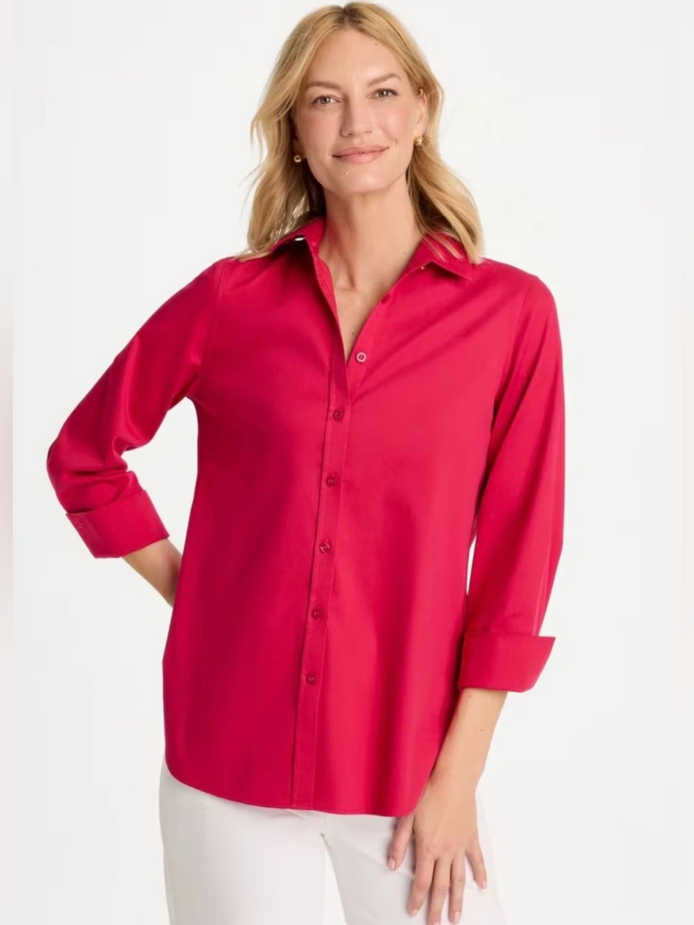 Chico's No Iron Stretch Shirt Raspberry 3/4 Sleeve Button-Down Size 0